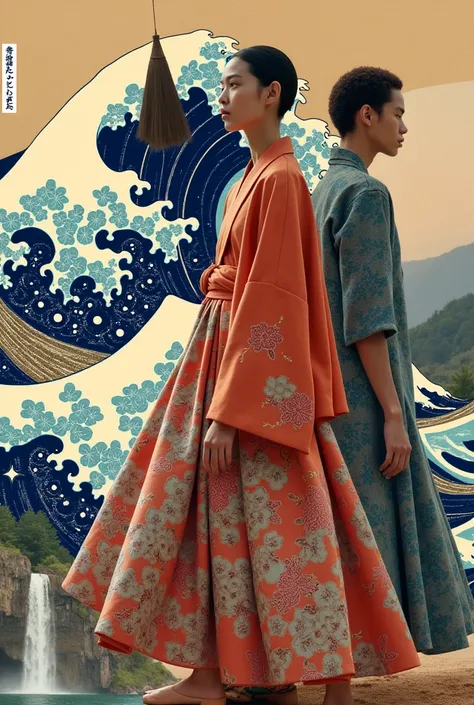 Collage for a fashion campaign for men and women inspired by these 3 paintings by Katsushika Hokusai : The Great Wave off Kanagawa, Dragon Matsuri yatai and Amida waterfall