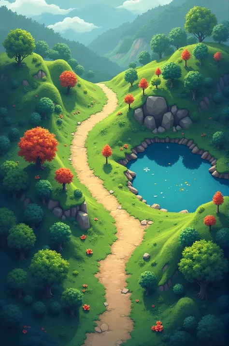 The image is an aerial view, meaning you can see from above in first person a landscape that looks like it&#39;s taken from a video game or a graphic style similar to role-playing games.. Here are the details: Make me a background, a path that has a little...