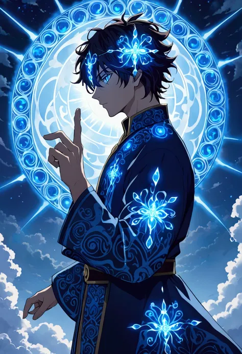 "A Male anime character with dark, messy hair, enveloped in an aura of glowing blue energy that forms patterns around his head. The character is in profile, with his eyes closed or partially covered by the energy, raising a finger in a gesture of power and...