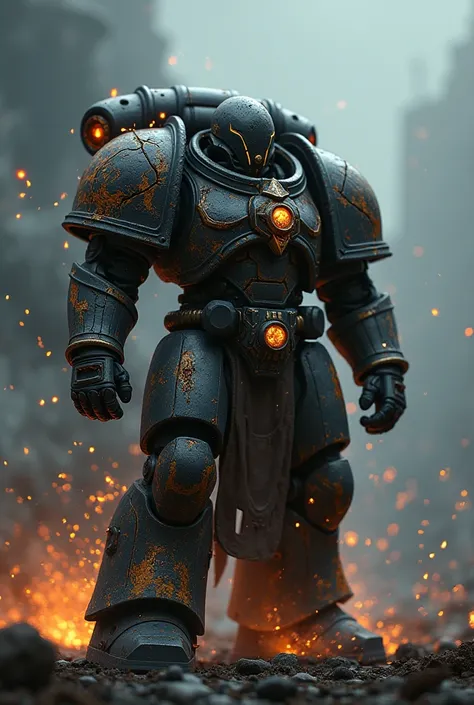 a chaos marine in heavy battle-damaged armor, highly detailed, cinematic lighting, epic sci-fi, dark and gritty, intense battle scene, dramatic pose, intricate textures, glowing energy effects, moody atmosphere, 8k, high resolution, photorealistic