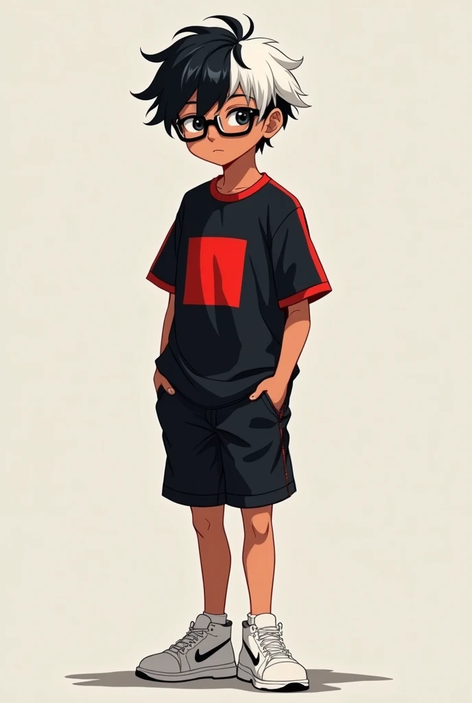 anime. Imagine a boy with short black and white hair, brown skin, black shirt with red, shorts negro, white shoes, glasses