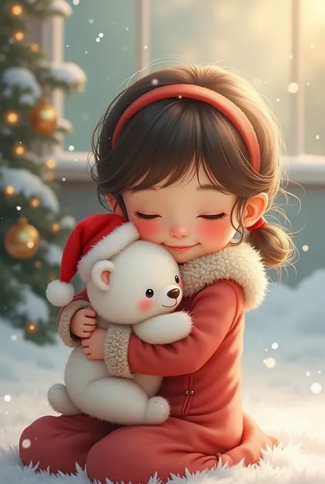 Create a sketch of a girl hugging a small white bear wearing a red Christmas hat so that the bear fits in the girl&#39;s arms and is small.