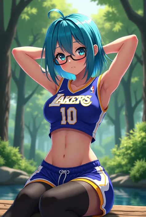 A shy anime girl, lakers uniform blue, shorts blue, t-shirt, navel, abs, strong abs, trees background, arms behind head, shy smile, pose sexy, stretching, curved torso, legs crossed, hair cian, cian eyes, muscule, fit girl, muscule female, big breasts, gla...