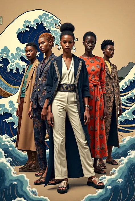 Fashion collage for men and women inspired by these 3 paintings by Katsushika Hokusai : The Great Wave off Kanagawa, Dragon Matsuri yatai and Amida waterfall