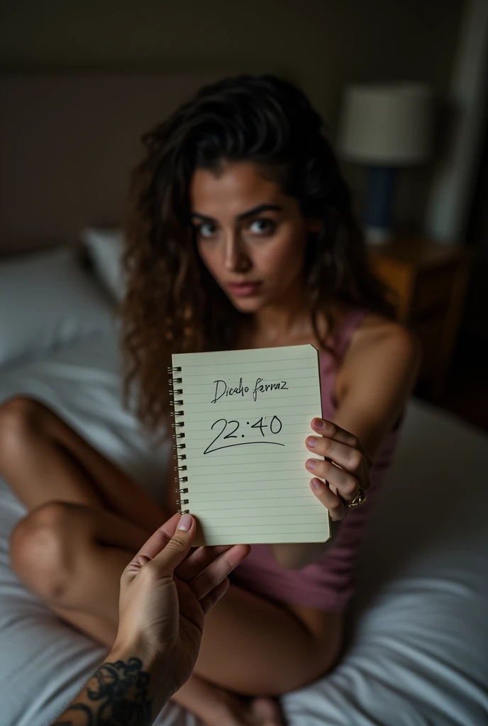 Photo of a female hand holding a notebook sheet with the name Diego Ferraz written on it, at 22 o&#39;clock:40 written, with legs crossed, on top of the bed at night , taken by herself