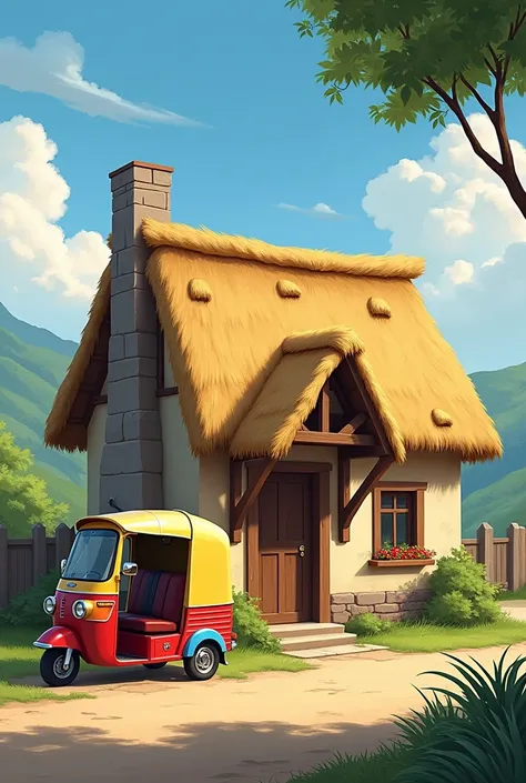 There is a thatched house in front of which a tempo is parked.