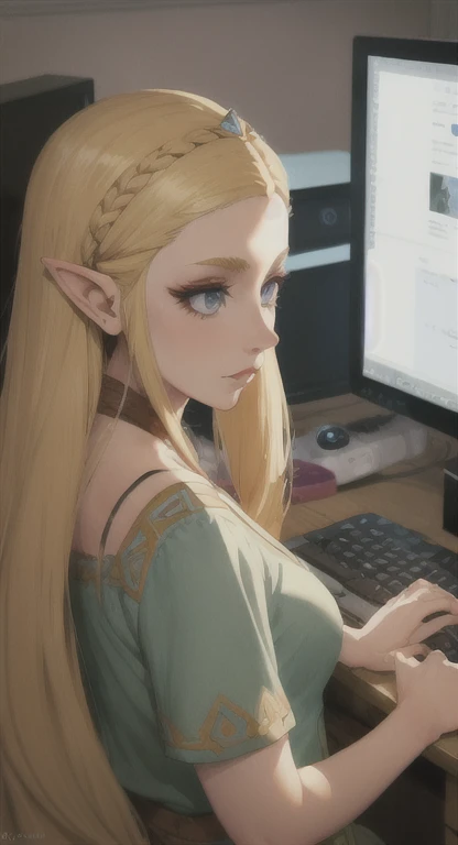 Modern Hylian, blonde, gamer girl, princess Zelda, desk, looking at computer screen, long messy hair, modern Hyrule, Hyrule castle, her bedroom, streaming,