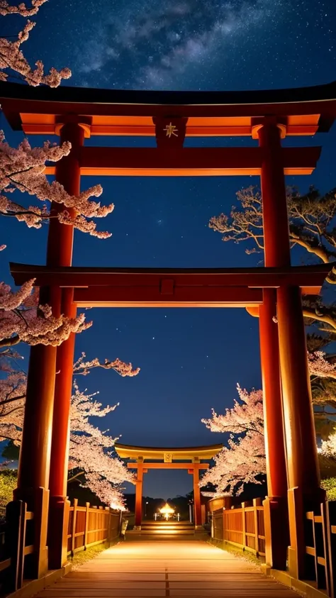 Large Torii Gate、Shrine torii gate、Photographing the torii gate from the front、Red Torii Gate、Mysterious torii gate、Starry Sky、Cherry Blossoms at Night、wonderful、beautiful、Pink night sky、beautiful自然、masterpiece, best quality