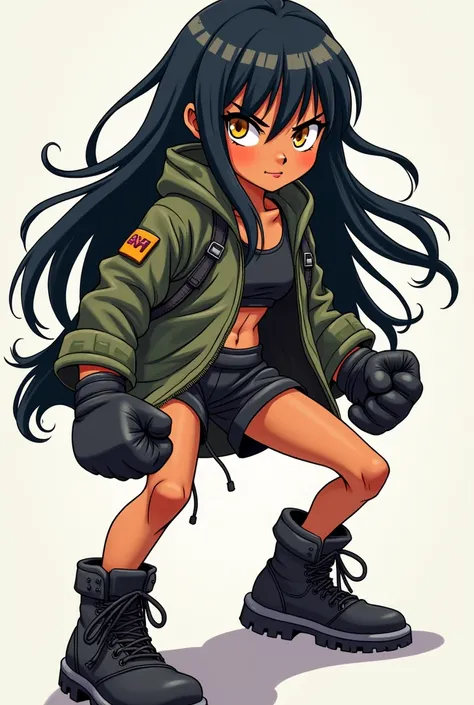 A cartoonish anime style girl with dark skin, golden eyes, long straight black hair, gym shorts, camo jacket, boots with full body MMA gloves