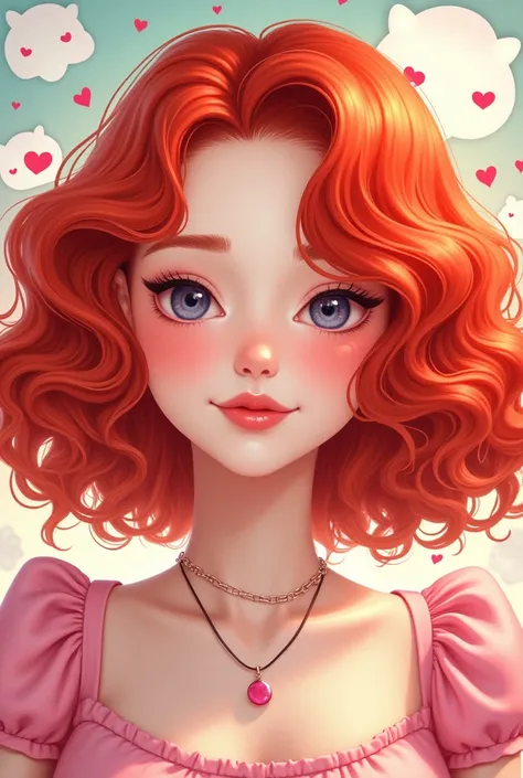 “Hello kitty  linda,with medium long red curly hair ,posing on cute background 