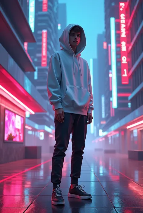 A cool teenager boy men standing in cyberpunk with neon  lingts  walls with wearing white hood