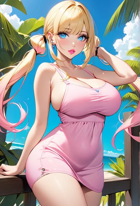 Woman, with very long blond hair, with pigtails, with light blue eyes, she is wearing a pink sundress, she has good hips, she has big boobs, she has piercings, she is wearing pink eyeshadow, she has pink lips.