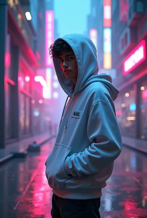 A cool teenager boy men standing in cyberpunk with neon  lingts  walls with wearing white hood