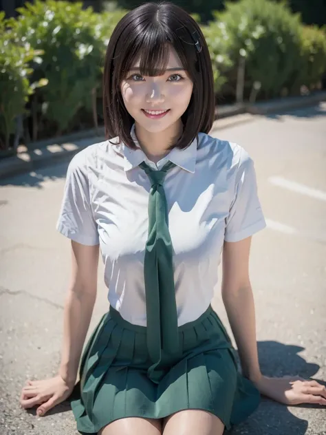 Woman with dark eyes, Bust Shot, Beautiful proportions, A short moss green ribbon-like tie, The end of the tie has a thin white line pattern., Moss green pleated skirt, Serious smile, Gravure photoshoot, Professional high quality photos, Super beautiful im...