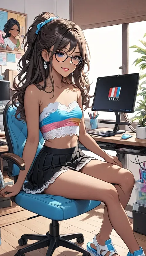 Adult transgender women. With a very short black pleated miniskirt. Lace strapless cropped top. eye glasses. Brown eyes, showing the whole body, brown skin color, Black long hair. Clothes with the colors of the trans flag, blue pink and white. White lace u...