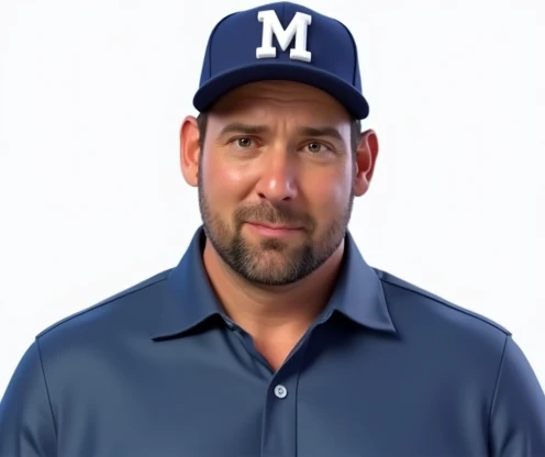 Description: Make an appeal: him is Pablo Marçal , politician of Brazil 2024 , wearing a baseball cap with the letter ((m)) and a blue shirt, com uma barba curta e Usando um boné azul com um emblema branco “m” and a blue shirt combinando, the person is sta...