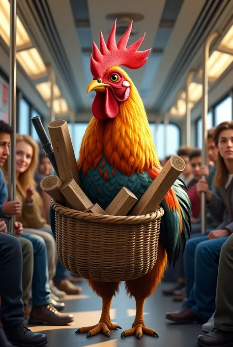 A rooster with a basket of lumbars on a bus