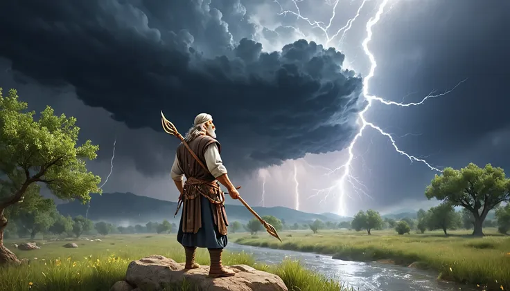 image, inspired by the cult of the prophet Elijah in the Christian tradition. Present the Prophet Elijah as a Symbol of Courage and Devotion, surrounded by thunderclouds and streams of water, symbolizing his patronage of summer thunderstorms and streams. I...