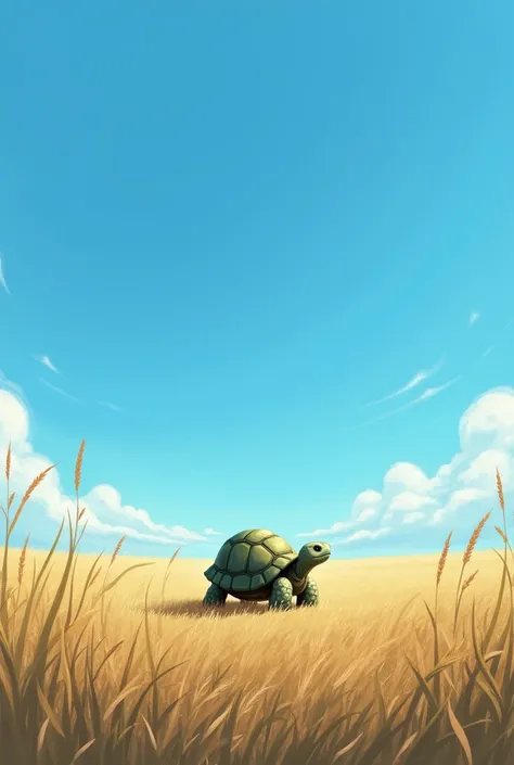 A vast open plain with tall grass, under a clear blue sky. A small, wise turtle with a thick shell stands on the ground, facing a swirling gust of wind. The wind is depicted as a powerful, animated force moving through the grass, showing its speed and stre...