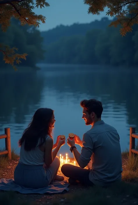 River view with fence around the edge, woman and man eating cookies, at night, facing the camera.