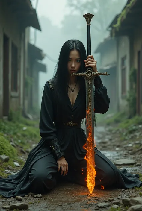 A woman with long, straight black hair. greenish eyes, with white skin in Asian tone. She holds a broadsword, but not very long. The sword has flames around it, with runes on its blade. It is in a setting of abandoned buildings with some moss around it..
T...