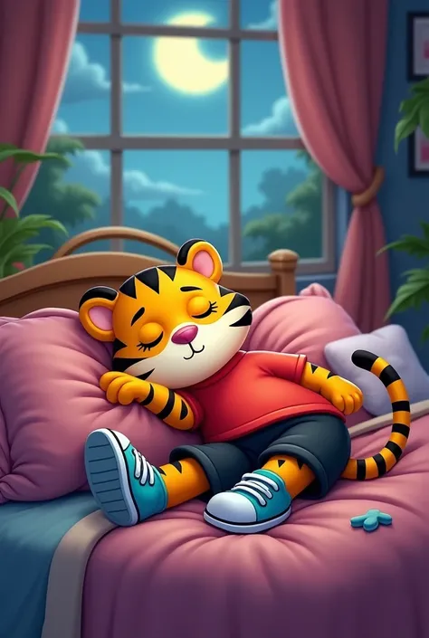 A cartoon tiger character, wearing a red t-shirt, black shorts, and blue sneakers, is peacefully sleeping in a cozy bedroom. The moonlight filters through the window, casting a soft glow.