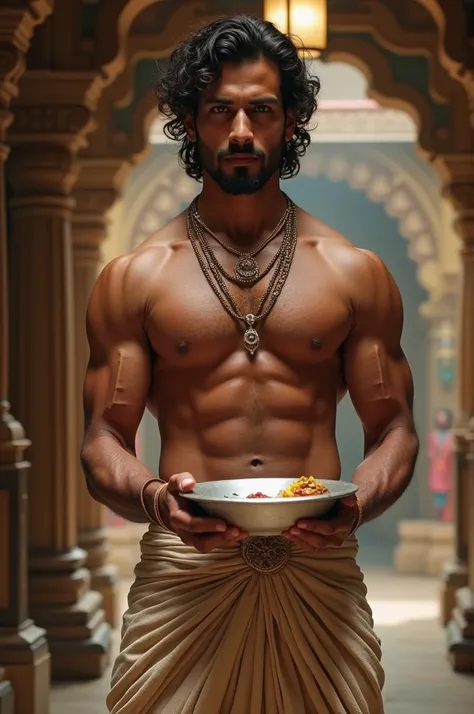 A man in dhoti and without wearing shirt , showing his six packs and abs with curl hair and holding a silver plate in a temple