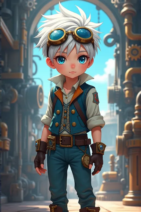 Make a boy with white hair.
    The boy has blue eyes and steampunk glasses on his head..
    Have creative freedom and invent an outfit for him.
  Make it in anime style.