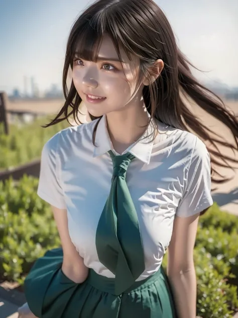 Woman with dark eyes, Bust Shot, Beautiful proportions, A short moss green ribbon-like tie, The end of the tie has a thin white line pattern., Moss green pleated skirt, Serious smile, Gravure photoshoot, Professional high quality photos, Super beautiful im...