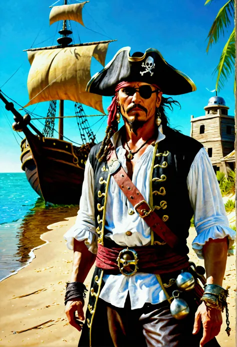 A pirate on the beach, ((front view)), intricate details, In the background you can see a boat, Photo realistic, Ultra detailed, dramatic, portrait, full body