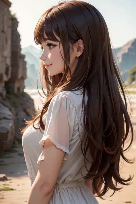 woman、bangs, Brown Hair、Rear view, Character portrait, Simple Background, clear、Demure、profile、Landscape、Long Hair, Look down、smile、Kind eyes

