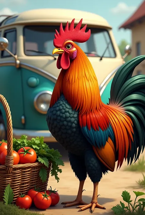 A rooster with a basket of vegetables and a bus