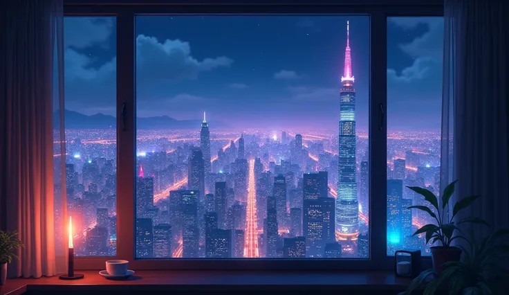 Outside the window is a neon city、Anime Style、coffee、Nobody is here、Makoto Shinkai style