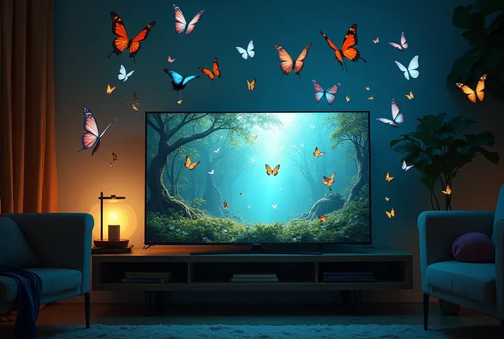 high resolution, masterpiece, a smart TV, in a room, 4k on the screen appears several birds and butterflies coming out of the screen in 3D from an enchanted forest in a magical way, in the middle of the room at night 