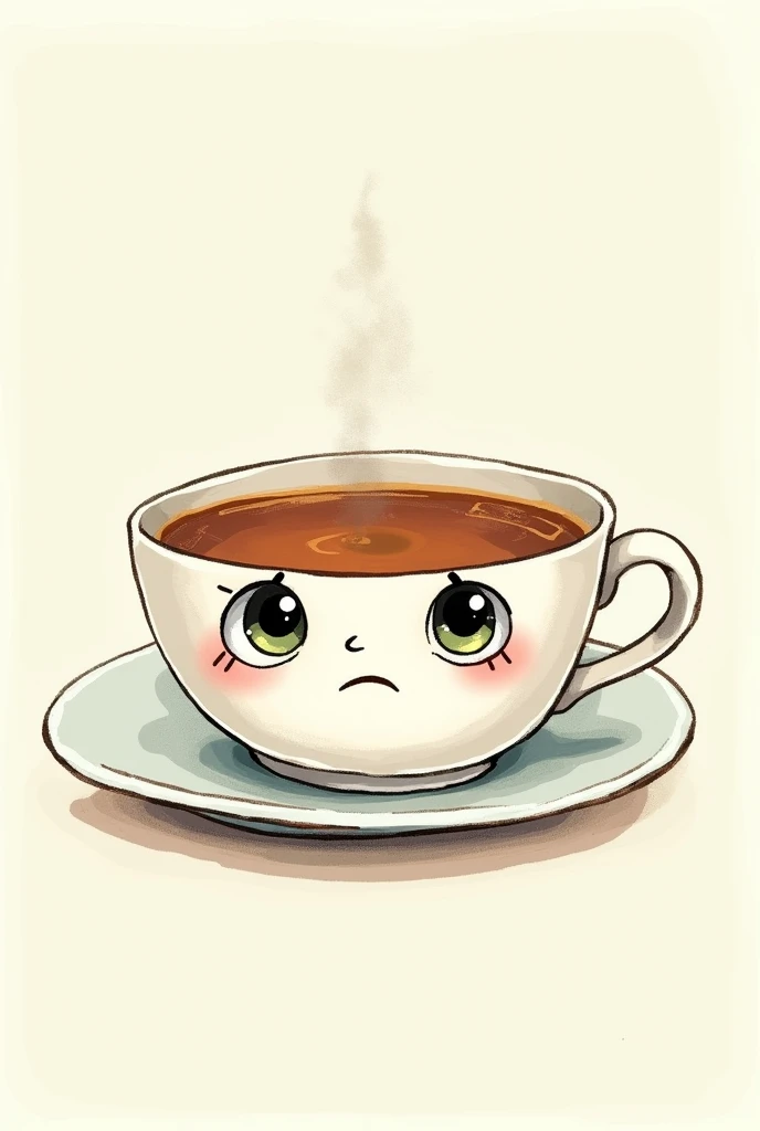  kid drawing of a cup o tea with eyes and mouth, with a serius expression
