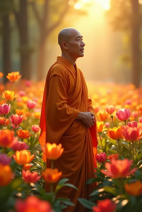 A serene Thai monk stands in a field of glowing flowers. The orange of his robes contrasts with the vibrant colors of the flowers. His skin is clear and his eyes are round, giving him a peaceful expression. His delicate limbs are relaxed at his sides.