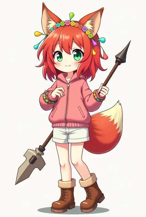 A cartoonish anime style girl with white skin, green eyes, red hair, pink jacket, white shorts, winter boots, flower crown, fox ears, fox tail, with a hunting spear and a 7-bead bracelet with rainbow colors, full body