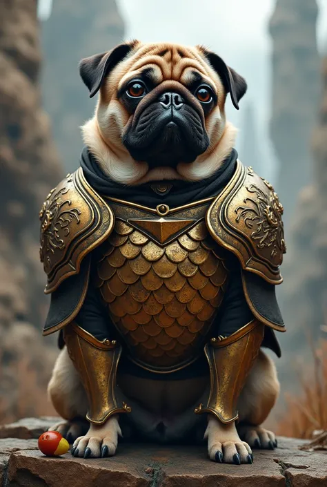 A pug dog with armor from the Targaryan Games of Throms

