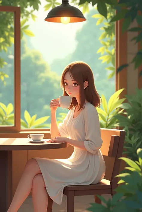 Healthy and clean girl。Medium-long light brown hair。Wearing a white dress、Drinking coffee at a cafe in the middle of nature。