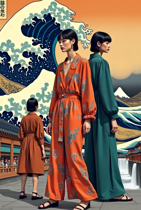 Fashion collage inspired by Katsushika Hokusai&#39;s paintings : The Great Wave off Kanagawa, Dragon Matsuri yatai and Amida waterfall