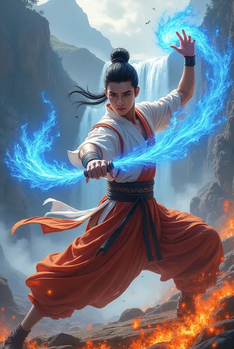 I wanted to generate an image of an offline stream banner with the theme kitsune fury orange and white male realistic oriental studying on a mountain with waterfall martial arts mastering blue fire 








