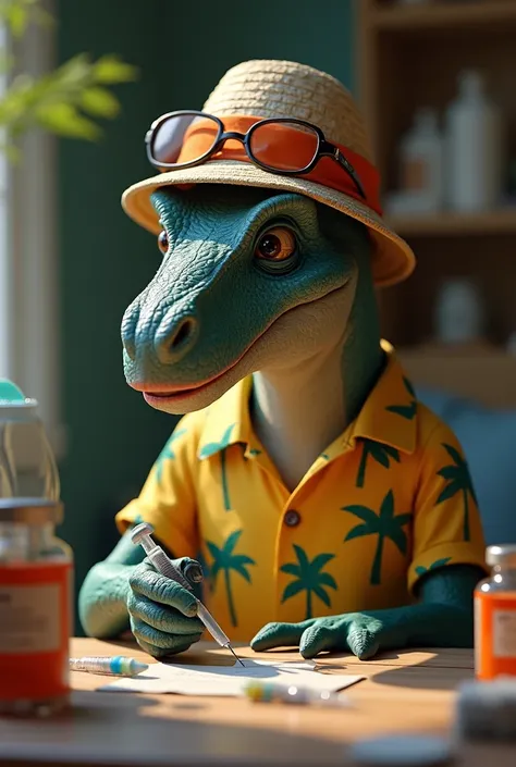 Generate me a dinosaur self-medicating with injections , make it more obvious that he is self-injecting at home, and the dinosaur has a hat on his head, with a palm tree shirt.
