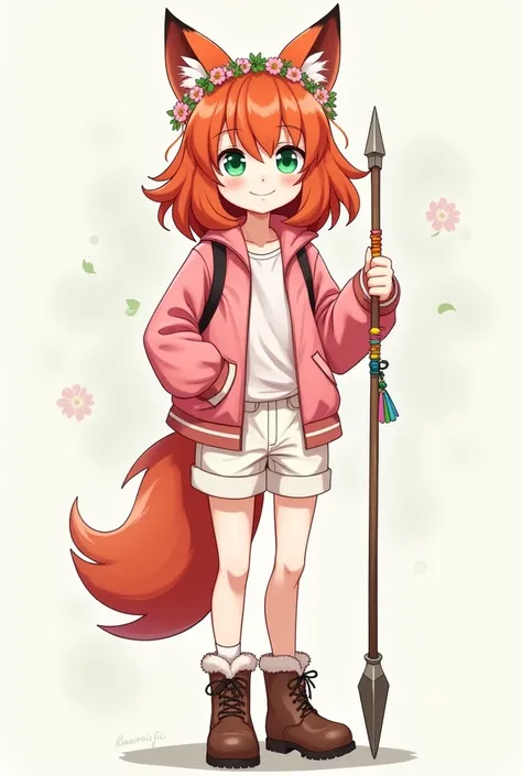 A cartoonish anime style girl with white skin, green eyes, red hair, pink jacket, white shorts, winter boots, flower crown, fox ears, fox tail, with a hunting spear and a 7-bead bracelet with rainbow colors, full body