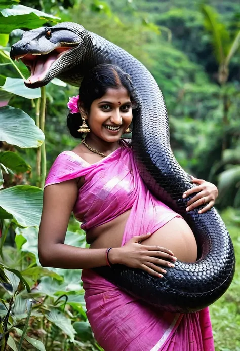 Pregnant Topless   wearing smiling happy aroused horny beautiful happy young indian village teen girl  wearing pink thong vs Giant colossal black anaconda   monster wrapped around her body squeezing her in coiled embrace cuddling and kissing sexual erotic ...