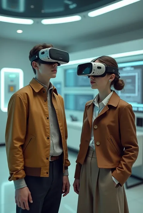 draw two young people with virtual reality glasses in the 20th century