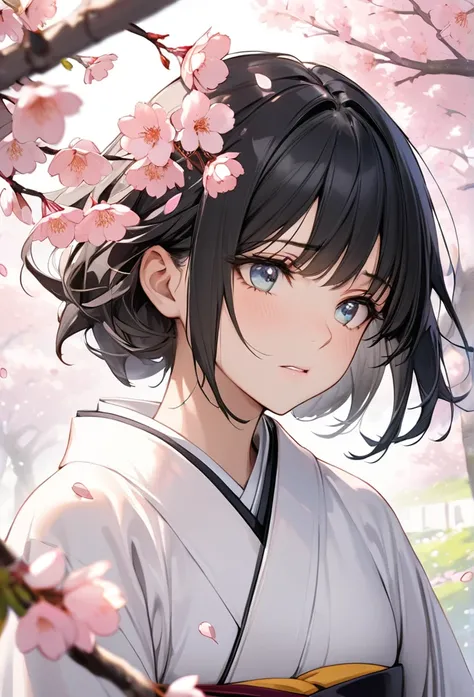 Upper body close-up（((masterpiece), on) "Perfect face, short black hair, beautiful eyes, Japanese, clean facial features, under a cherry blossom tree in full bloom, with petals swirling in the wind, confessing with a serious expression. Her face shows slig...