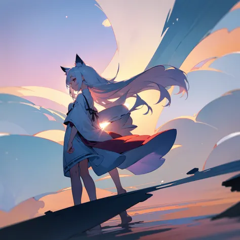 White-haired woman, back view, barefoot, looking at the sky, cat ears, white mini skirt, 1 person, beautiful dawn sky, standing  