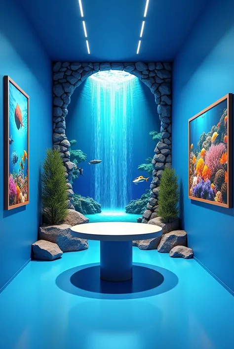 Create a 3D model of a room with a table in the center, where the wall behind is blue and has a decorative waterfall and on the other two sides there are photos of marine animals
