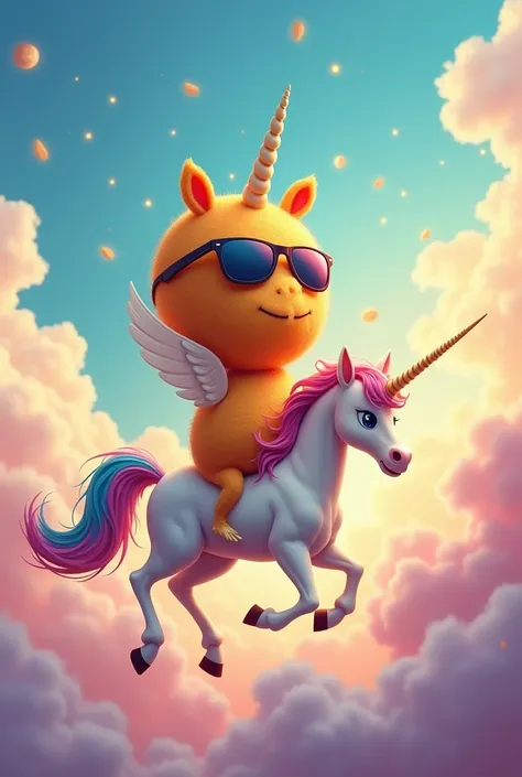 Create a fried cheese ball with sunglasses on top of a flying unicorn