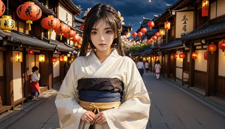 the beautiful girl in Japanese costume are dynamic posing on the street  old Japanese-style night street market with colorful lanterns, with townhouses serving drinks and barbecue on asphalt street, in the middle of the square with a lot of carp lantern, i...